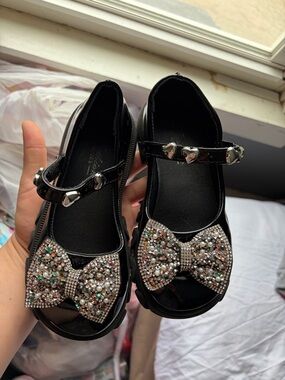 Black Girls' Mary Jane Shoes with Sparkling Bow
